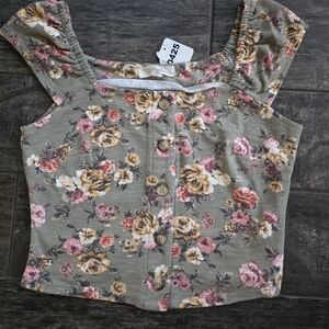 #425 Rewind Floral Button-Up Top - Olive and Pink
